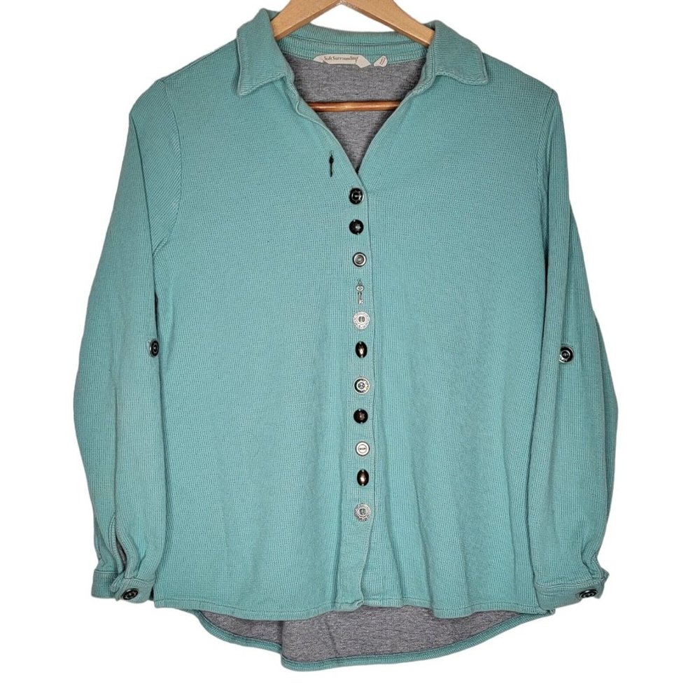 Soft‎ Surroundings Medium M Teal Blue Button Accent Long Sleeve Women's Shirt